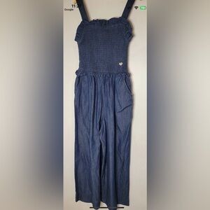 bebe girls denim jumpsuit romper with a gathered bodice and straps. Sz 7/8